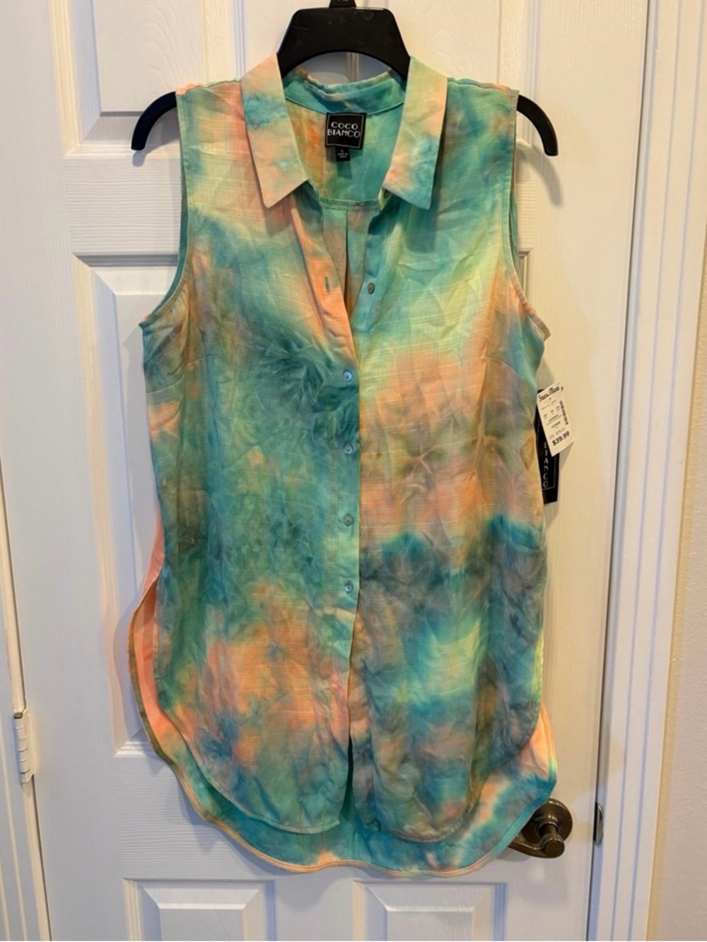 Coco Bianco Sleeveless Tie-Dye Button Front Blouse - Aqua & Peach